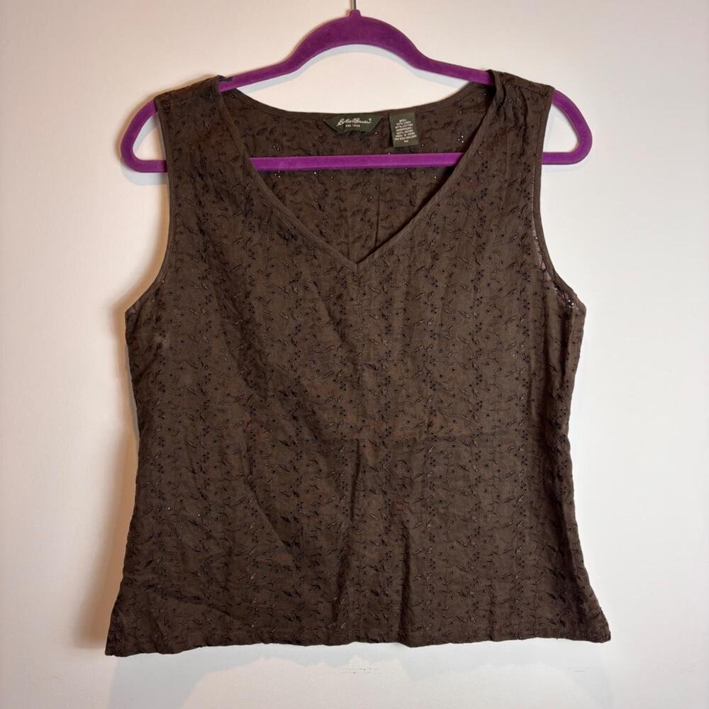 Eddie Bauer Womens Eyelet Tank Top Size M Brown Linen Y2K Cottagecore